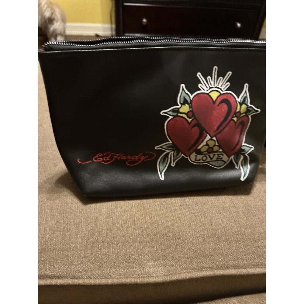 Ed Hardy Cosmetics Travel Bag Black Hearts Love Tattoo Zipper Tote Case 10” X 7"